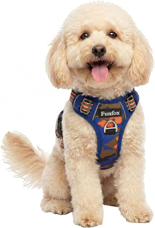 Funfox Dog Harness No Pull, Adjustable Pet Vest Harness, Super Soft Material with Vertical Handle Easy Control, Reflective Night Walking, 2 Leash Clips for Small Sized Dogs, Camo Orange, S