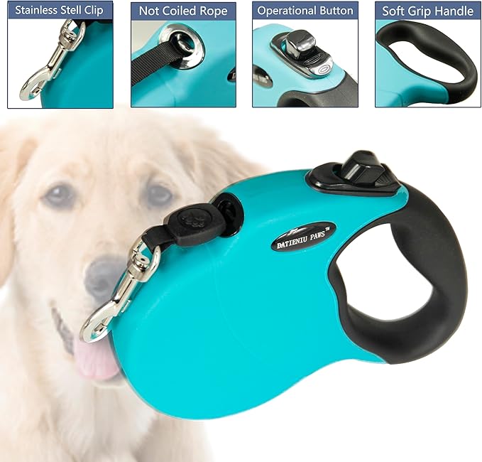 Medium 16 FT Retractable Dog Leash – Adjustable Hands-Free Leash for Dogs Up to 44lbs, Tangle-Free Nylon with Ergonomic Grip for Walking, Training & Outdoor Safety Blue M
