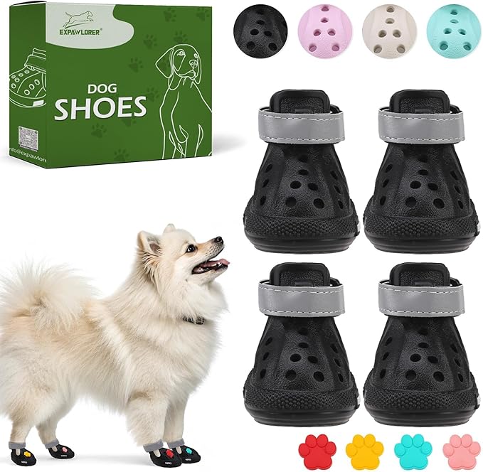 EVA Dog Shoes- Non-Slip Waterproof Dog Booties for Hot Pavement Summer Easy ON & Off Reflective Adjustable Pet Boots & Paw Protectors, Rugged Sole for Small Medium Large Dog Outdoor Walking (Black, S)