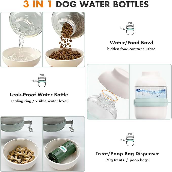 3 in 1 Dog Water Bottle with Crossbody Strap & Retractable Leash, Portable Dog Travel Water Bottle with Treat & Poop Bag Dispenser for Small Dogs Walking Hiking(Off-White)
