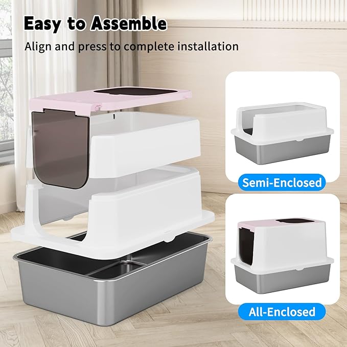 RIZZARI Extra Large Enclosed Cat Litter Box – Pink Stainless Steel Top Entry Litter Pan with Anti-Leak Design, Non-Stick Easy-Clean Surface & Odor Control for Indoor Spaces