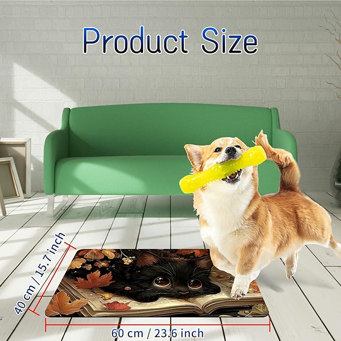 Dog Food Mat, 15.7" x 23.6" Absorbent Pet Feeding Mat for Food and Water, Waterproof Diatom Mud Pet Placemat with Non-Slip Rubber Backing, Cat Bowl Mat for Floors - Black Cat Maple Leaf