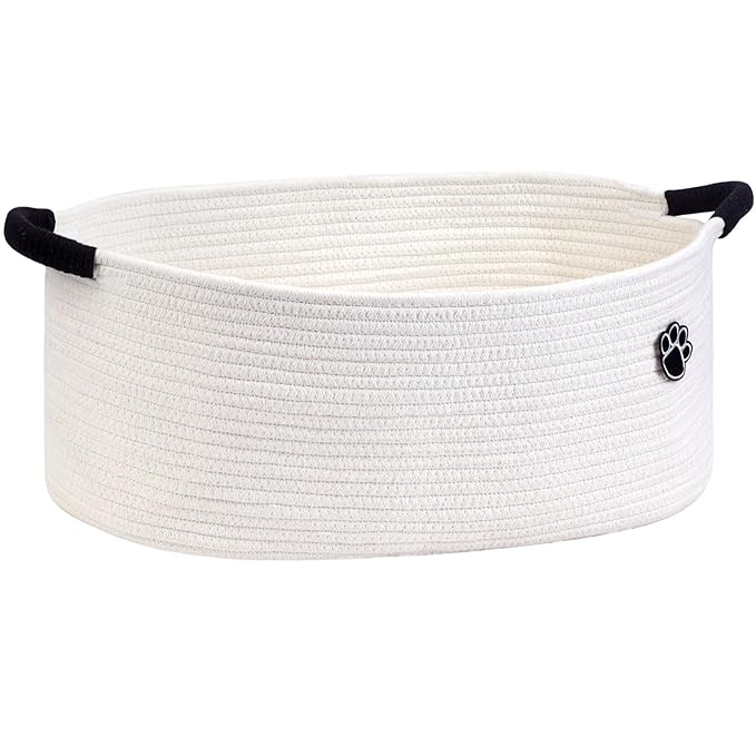 Optish Dog Toy Basket, Toy Storage Box and Bin with Handles, 19.7" X 11" X 7.9" (30L) Large Woven Rope Basket for Blankets, Living Room, Bedroom, White