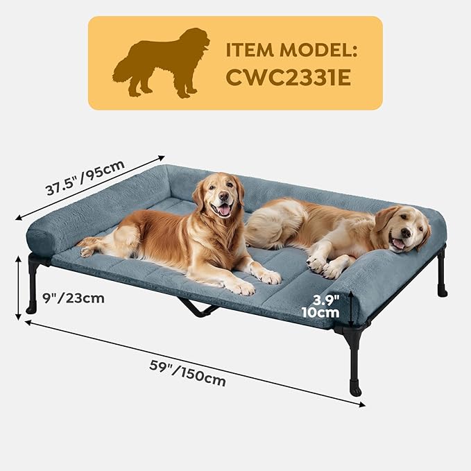 Veehoo Orthopedic Elevated Dog Bed with Fluffy Plush Bolster Cushion, Indoor Raised Dog Beds for Large Dogs, Soft Pet Sofa Cot with Removable Washable Mat, No-Slip Feet, 59 x 37 inches, Haze Blue
