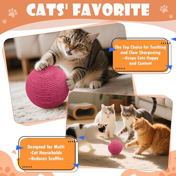 3.94 inch Sisal Cat Ball Toy, Interactive Natural Cat Scratching Ball, Perfect Scratcher for Cats' Exercise and Fun (Rose Red)