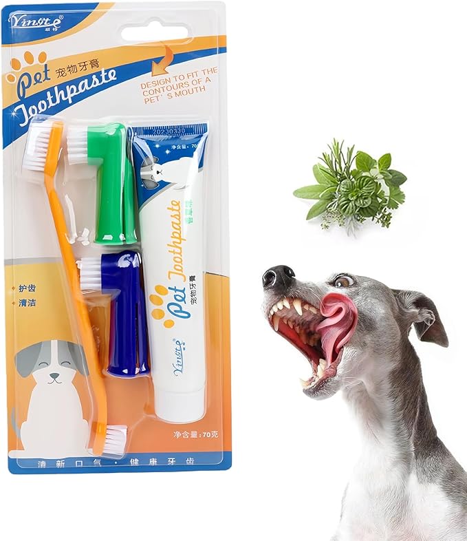 Dog Toothbrush and Toothpaste Kit Vanilla Dog Toothpaste(70g) Soft Nylon Double-Head Dog Toothbrush Dog Finger Toothbrushes Puppy Tooth Brushing Kit Pet Dental Care Kit for Dogs Fresh Breath