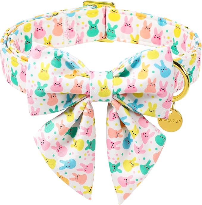 Easter Dog Collar with Bow Tie, Cotton Bunny Bowtie for Large Girl Boy Dog, Cute Rabbit Pet Collar with Metal Buckle, Gift, M