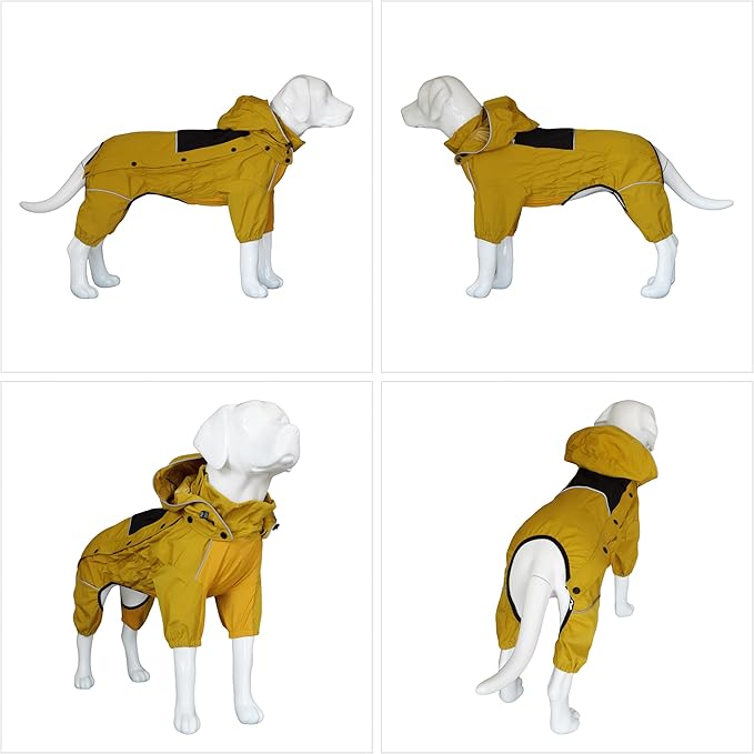 LOVELONGLONG Waterproof Dog Raincoat with Removable Hood – Outdoor Full Body Dog Jacket, Windproof Snowproof Shell Suit – All Season Pet Rain Gear Mustard Yellow 4XL