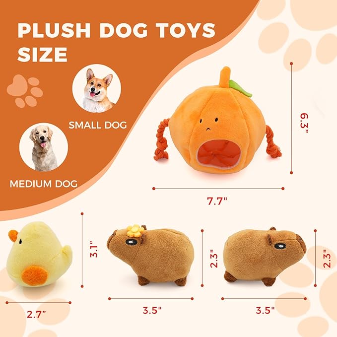 MewaJump Hide and Seek Small Dog Toys, Squeaky Dog Plush Toys for Small Dog, Pumpkin and Animal Crinkle Plush Stuffed Dog Toy, Small Puppy Cat Toy Set to Keep Them Busy
