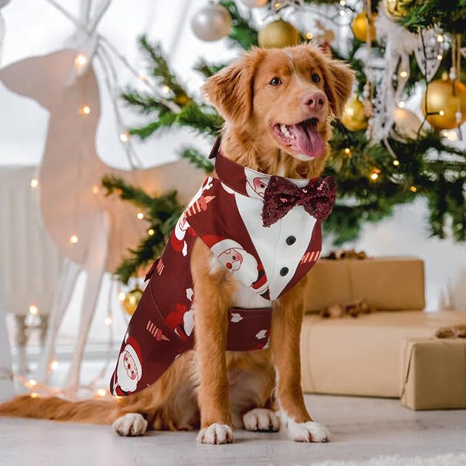 Kuoser Christmas Dog Tuxedo Dogs Suit and Bandana Set, Santa Claus Doggy Christmas Outfit Adjustable Pet Xmas Costume with Bow Tie for Large Medium Small Dogs Golden Retriever Samo Bulldogs, Red XL