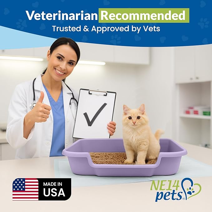 KittyGoHere Senior Cat Litter Box, Large Litter pan with Long-Handle Jumbo Scoop, Open Top Low Entrance Kitty Litter Box, Lightweight Low Entry Litters Box, Durable, Made in USA (Storybook Lavendar)