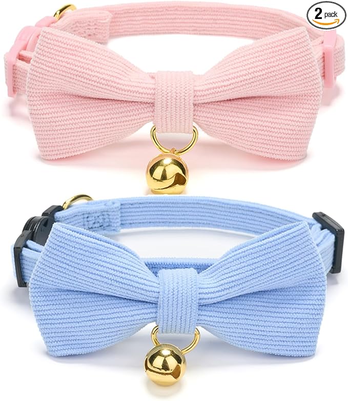 2 Pack Soft Corduroy Cat Collars with Bow Tie & Bell Adjustable Breakaway Bowtie Kitten Collar for Girl Boy Kittens(Blue & Pink)