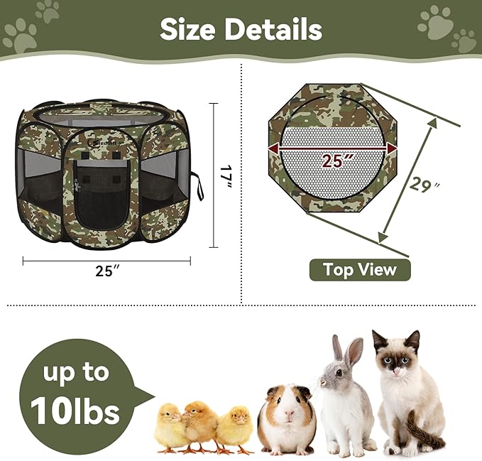 Pink Puppy Playpen for Middle Dog Cat, Dogs Tent Crate Cage Indoor/Outdoor, Portable Pop Up Dog Kennel with Carrying Bag for Rabbits, Removable Top (Green Camo, Small)