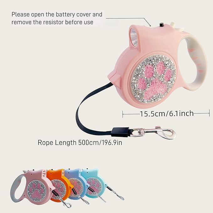 Led Retractable Dog Leash – 16ft Leash with Handcrafted Sparkle Detail Tangle-Free One-Hand Brake Soft Grip Handle for Small & Medium Dogs Up to 77lbs (DL-PK)