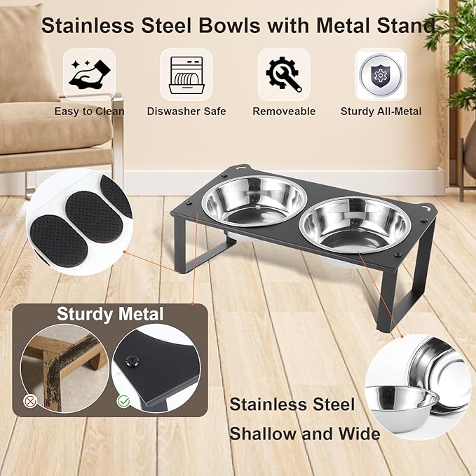 1 Set Elevated Cat Food Water Bowls, 4 Replacement Stainless Steel Bowls for Indoor Pet with Cute Metal Stand, 10° Tilted Anti-Vomiting Raised Wide Shallow Cat Dishes Whisker Friendly for Kitten,Puppy