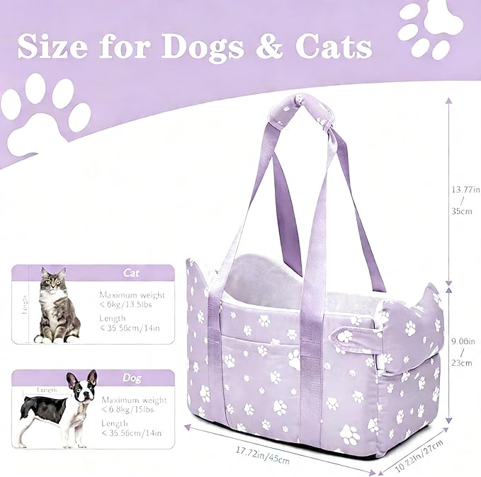 Center Console Dog Car Seat Safe Travel for Small Dogs Under 15 lbs Detachable Washable Pet Carrier with Storage Pockets & Safety Leash (Purple)