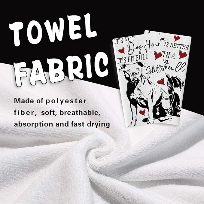 Funny Pitbull Dog Kitchen Dish Towels Set of 2, Life is Better with a Pitbull Drying Hand Towel Baking Cooking Cloth, Red Hearts Bathroom Home Decoration Gifts for Pet Dog Owner Lover 18''x26''