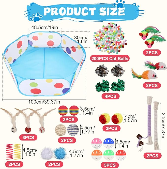 Foxtell Cat Ball Pit Include 229 PCS Interactive Cat Toys for Indoor Bored Self Play Enrichment Toy for Indoor Cats Interactive Fun and Exercise