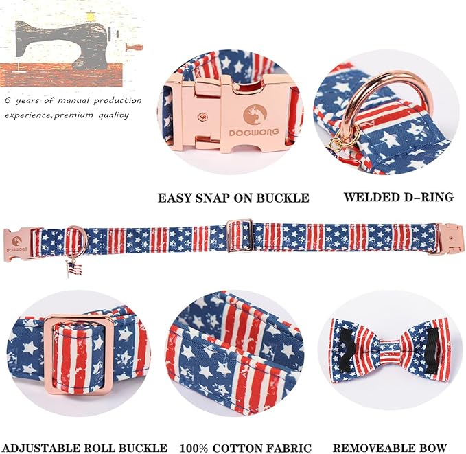 4th of July American Flag Dog Collar, DOGWONG Red Blue Bow Dog Collars with Metal Adjustable Buckle, Comfortable Independence Day Dogs Collars for Small Dogs