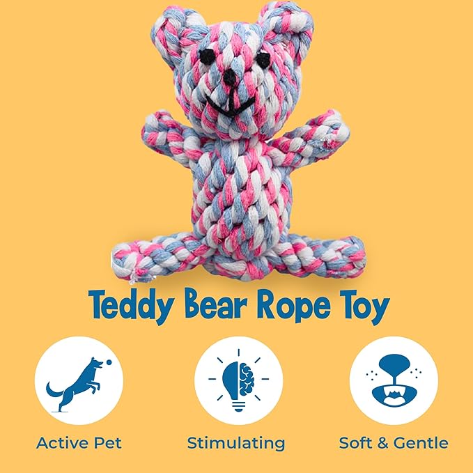 SunGrow Teddy Bear Puppy Teething Toy, Durable Tug and Chew Play for Small & Medium Dogs, Knotted Rope Cotton Design for Teething Comfort, Interactive Training, Active Pet, & Oral Cleaning