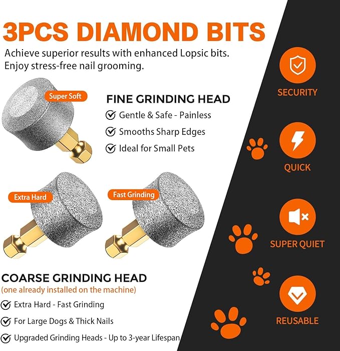 Whisper Quiet Dog Nail Grinder with 4 LED Lights, Safe & Stress-Free for Sensitive Dogs Cats of All Breeds & Sizes, 3 Grinding Bits, 3-Speed, Pet Nail Trimmers, Rechargeable Painless Grooming Kit Grey