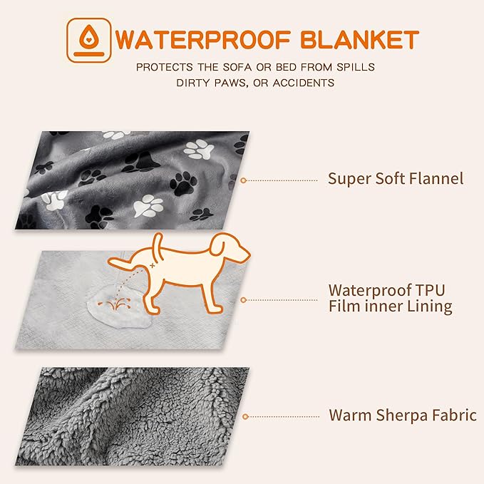 Waterproof Dog Blankets Pet Blanket, 30"x40" Cat Blanket for Indoor Cats, Soft Fluffy Sofa Car Bed Protector, Reversible Sherpa Fleece Puppy Blanket for Small Medium Dogs(Dark Grey-Paws)