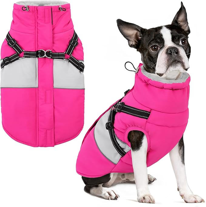 Small Dog Coat with Harness Built in, Warm Dog Jacket Winter with Zipper On Back, Waterproof Pet Snow Jacket Snowsuit Pet Sweater Clothes for Puppy, Hot Pink XS