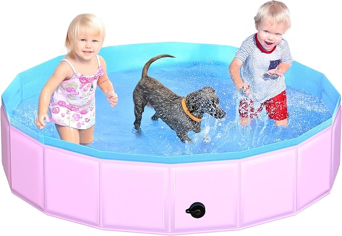 CACSPS 2025 Updated Foldable Dog Pool, 63" x 12" Kiddie Pool with Hard Plastic, Non-Slip Dog Bath Tub for Outdoor Backyard, Collapsible Dog Swimming Pool for Kids Dogs Pets (Pink)