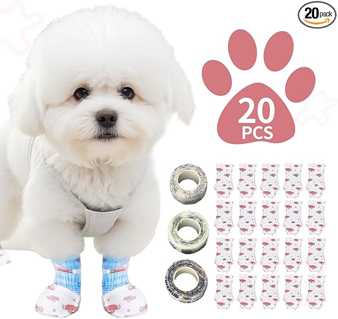 Disposable Dog Booties for Dog Cats, Pet Booties Waterproof and Breathable with Adjustable Bandage,Unstoppable Paw Protectors for Dogs Cats, 20 Counts(S)