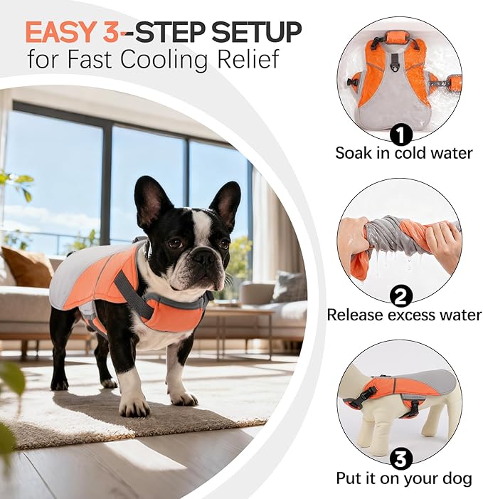 DENTRUN Dog Cooling Vest with Dual Absorbent Core, Adjustable Sun Protective Vest for Hot Weather, Doggie Ice Jacket Hiking Travel Summer Essentials, Reflective, Sun Protective Vest, Orange M