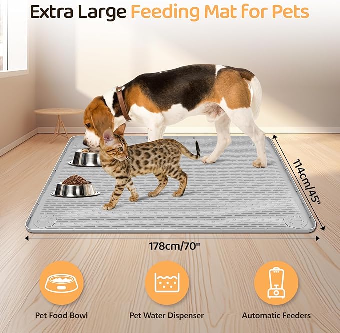 Dog Food Mat, Extra Large 70" x 45" Silicone Pet Feeding Mat with Raised Edge Pet Placemat for Small, Medium, and Large Pets Non-Slip, Easy to Clean (Light Grey)