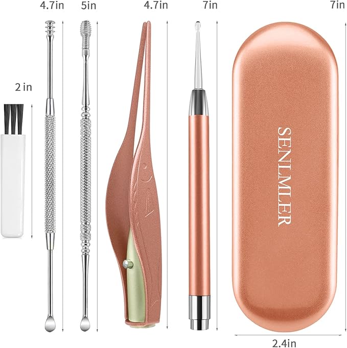 4 Pack Ear Pick with Light, Ear Cleaner Ear Wax Removal Tool Kit for Kids and Adults, Ear Picks Digger & Tweezers & Spiral Spring Ear Spoon Set with Storage Box (Rose Gold)