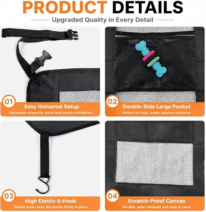 Dog Car Barrier, Dog Car Net Barrier, Heavy Duty Canvas Seat Divider with Belt Set, Double-Sided Organizer, Adjustable Pet Safety Kit, Precision Fit for SUV & Cars