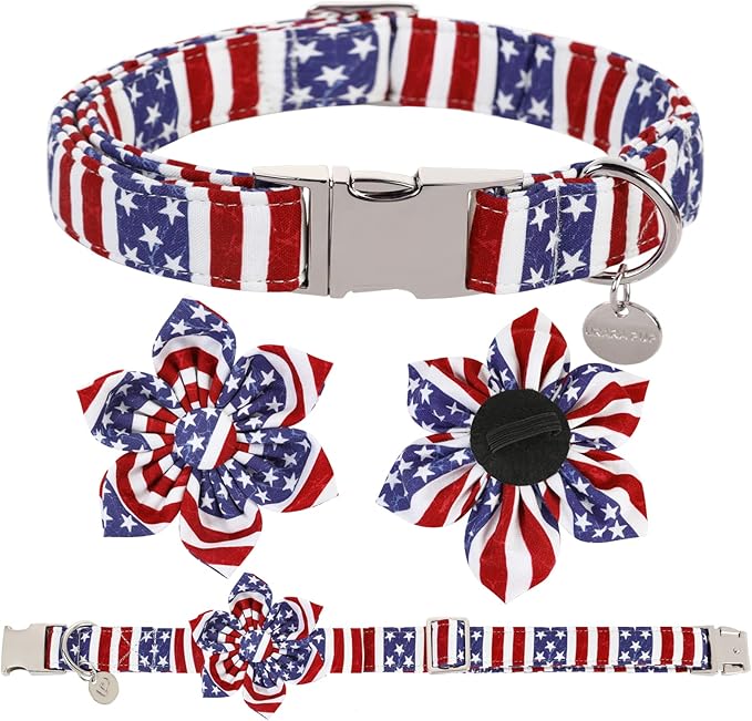 Dog Collar with Flower, 4th of July Comfortable Cotton Dog Collar, American Flag Collar for Puppy Girl Dog or Cat, Patriotic Flower Collar with Metal Buckle, XS