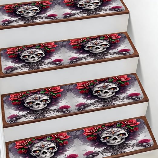 Abstract Skulls Roses Stair Treads for Wooden Steps Indoor Washable Staircase Carpet 1PCS 30"x7.8" Stair Step Treads Non-Slip Staircase Covers Peel and Stick Safety Mat for Kids Elders Pets