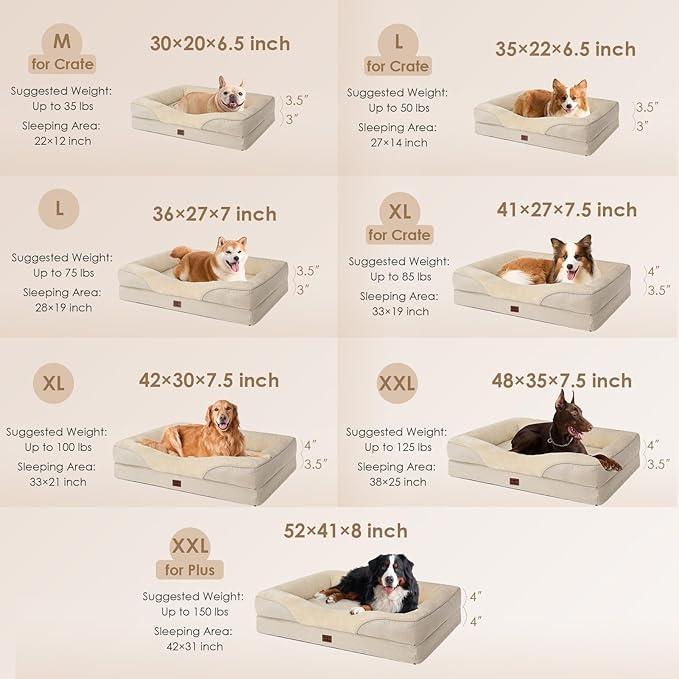 EHEYCIGA Orthopedic XL Dog Bed for Large Sized Dog, 48x35 Inch Extra Large Memory Foam Dog Couch Bed with Sides, Waterproof Liner & Washable Removable Cover, Bolster Pet Sofa, Beige