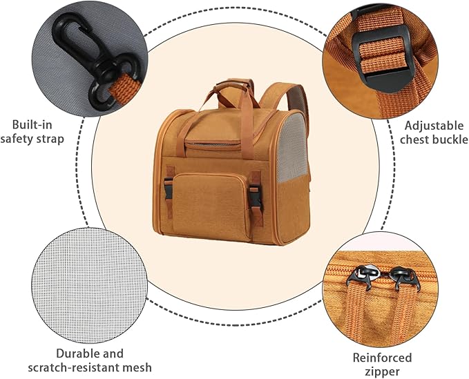 Cat Carrier Backpack, Airline Approved Expandable Pet Carrier, Breathable Mesh Backpack for Small Dogs & Medium Cats Hiking Camping Travel (Brown)