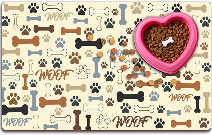 Cute Dog Food Mat 20 x 12 Inch Paw Print Bones Pattern Non Slip Design, Dog Feeding Mat Absorbent Quick Dry Washable Bowl Placemat Rug Protect Floors for Cat Pet Food Water Area Home Use
