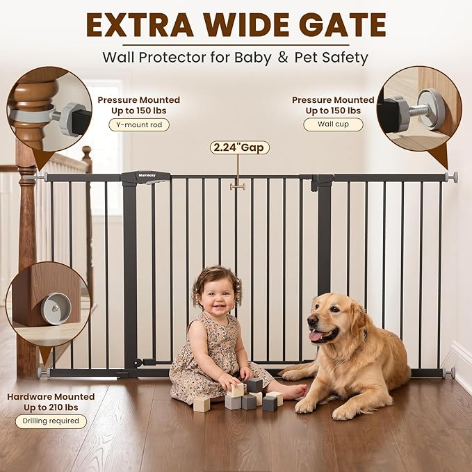 Mumeasy Extra Wide Large Baby Gate for Doorways, 36-66" Walk Through Wide Long Dog Gate for Door & Stair, Auto Close Dual Swing Pressure Mounted Child Safety Gate for Toddlers, Puppies & Pets, Black