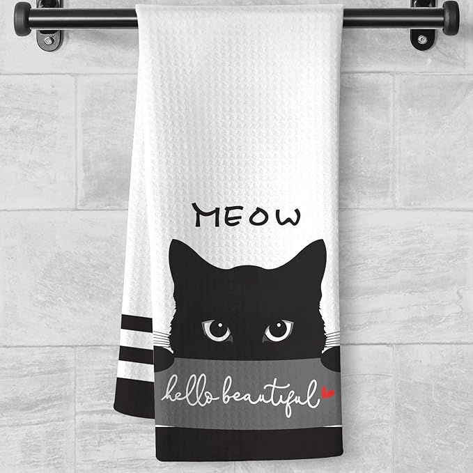 Cat Kitchen Towels, Cat Art with 'Beautiful' Compliment Motif, Flattering Hand Towel for Women Who Cherish Kittens & Pet Mom Devotees, Perfect for Decorating Kitchen