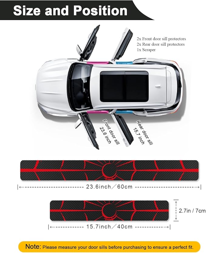 ZORAPULZE 4PCS Car Door Sill Protector Carbon Fiber Scratch Resistant Red Web Door Entry Guard Scuff Plate Film for Cars SUVs Off-Road, Universal Trim Accessories