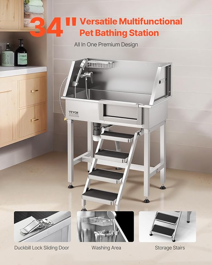 VEVOR Dog Washing Station, 34" Professional Stainless Steel Pet Grooming Tub Bathtub with Shower Faucet Soap Holder Non-Slip Stairs Right Door Easy Clean Pet Wash Sink for Small Dogs Cats