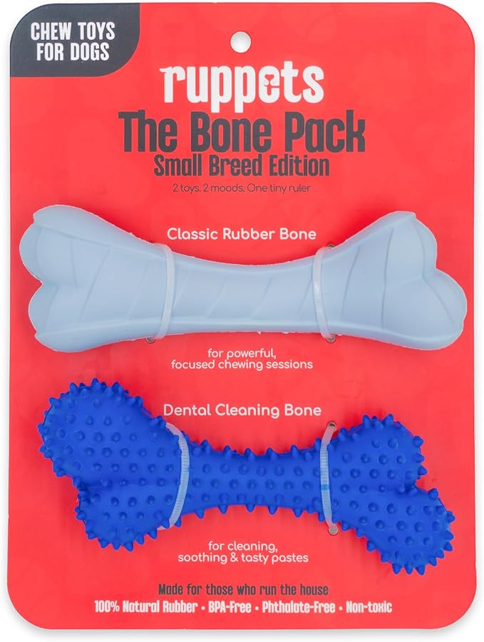 Natural Rubber Dog Bones for Small Dogs & Puppies, 2 Pack Soft Toy, Gentle Dental Care, Boredom Relief Mental Stimulation, French Bulldog Chihuahua Yorkie Dachshund, Non-Toxic BPA Free