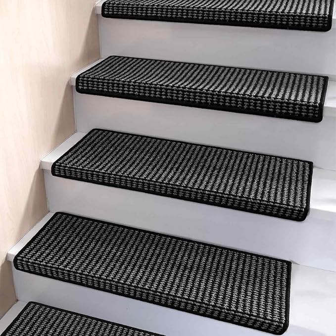 Brakki Bullnose Carpet Stair Treads, Non Slip Stair Treads for Wooden Steps Indoor, Stair Runner, Soft Stair Rugs for Pets, Edging Stair Protectors, Washable, 29.5"x9.5"x1.5" 14pcs, Black Grey