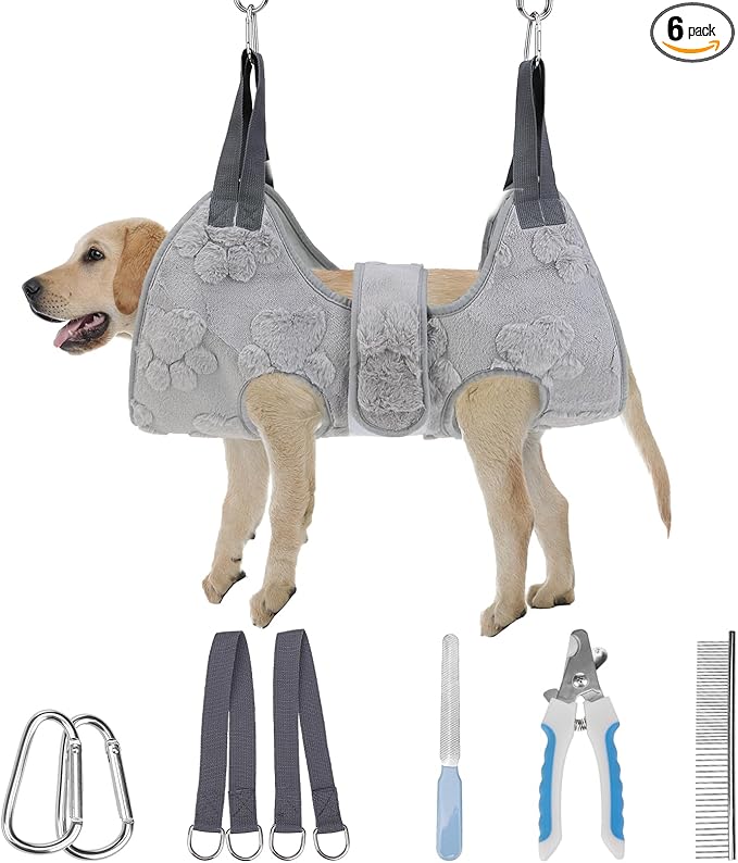 PAWCHIE Dog Grooming Hammock Harness for Dogs & Cats with Pet Nail Clipper Trimmer,Cat Hanger Sling for Trimming Clipping Nails,Warm Plush Dog Hammock Restraint Bag for Small Medium Large Dogs,Grey M