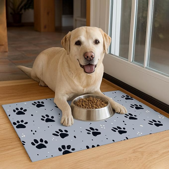 HOMETITUTE 24x16 inch Non Slip Pet Food Mat Cat Bowl Placemat for Food and Water Small Dog Bowl Mats Cat Food Mat Easy to Clean Feeding Mat for Small Pets Paw Print Design