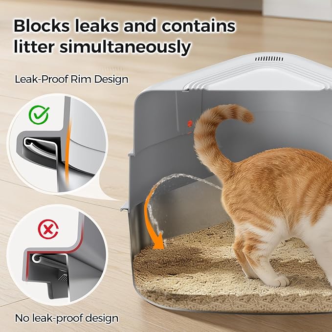 Chumajor XXL Stainless Steel Corner Cat Litter Box with Lid - Sturdy, No Odor & Space-Saving Hidden Design for Large Cats, Grey