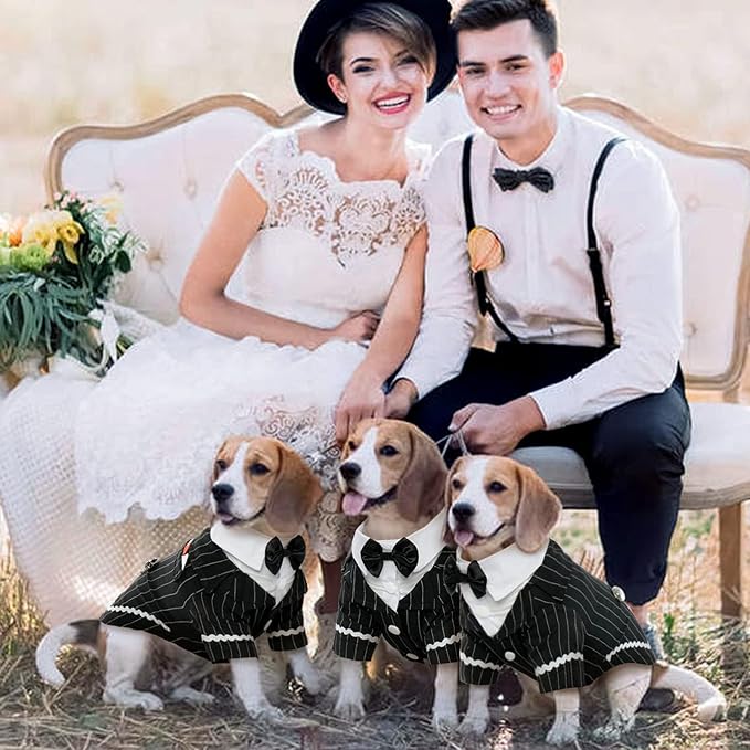 QBLEEV Dog Tuxedo Suit with Bow Tie, Formal Black & White Striped Dog Costume Outfit, Doggy Tux Prince Dress for Wedding Party Birthday Holiday, Elegant Dogs Attire for Golden Retriever Husky Border