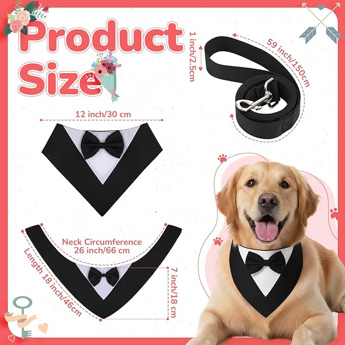 Gilprop 4 Pcs Formal Dog Outfit Dog Tuxedo Sets with Bowtie Wedding Dogs Bandana Collar with Nylon Leash Wedding Outfit Suit Adjustable Pet Party Costumes for Birthday(Black,Red,Large:21"-24.5")