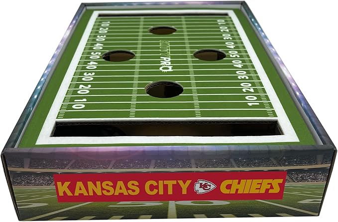 NFL Kansas City Chiefs Football Stadium Cat Scratcher Find & Play Box With 2 Jingle Bell Balls - Game Day Toy, Field Felt Scratcher, Play and Lounge Stimulating Game